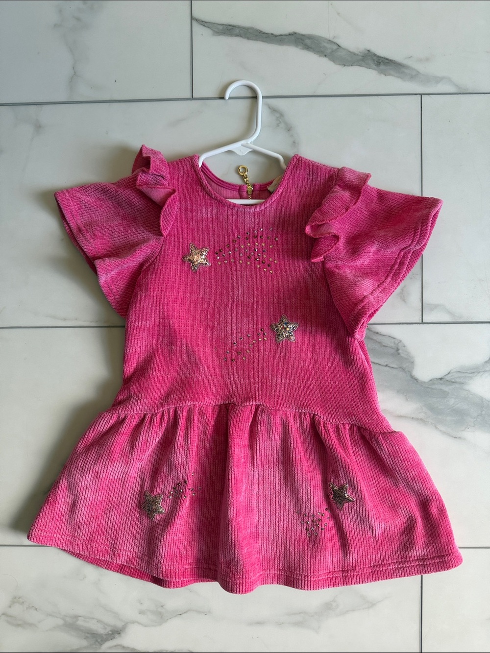 Sara Sara Hot Pink Ruffle Sleeve Star Knit Dress
